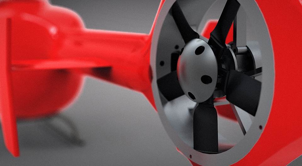 CAD render of a red electric ducted fan rotor and housing assembly on a studio background.