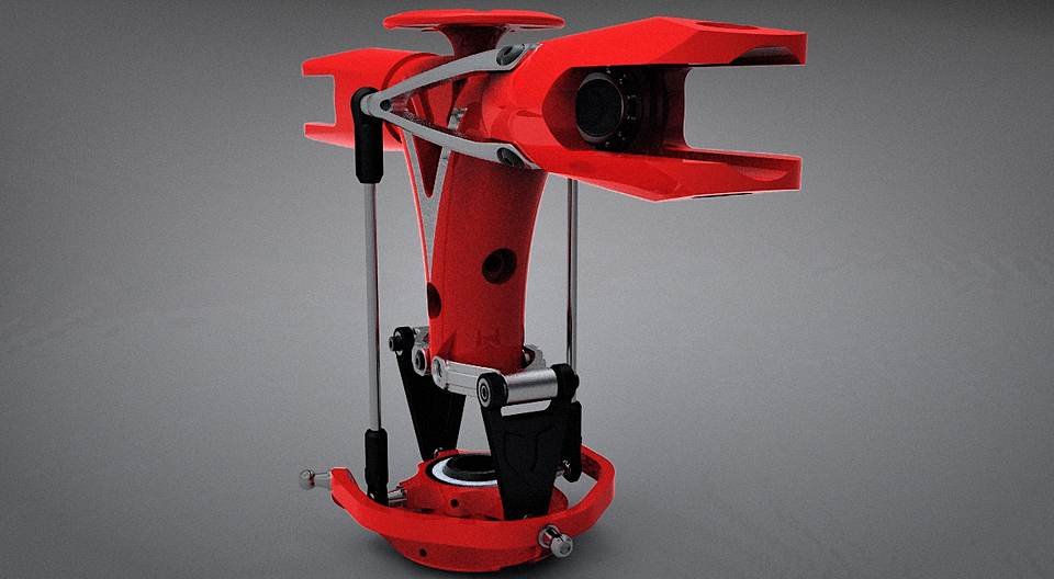 CAD render of a red head/rotor assembly component on a studio background.