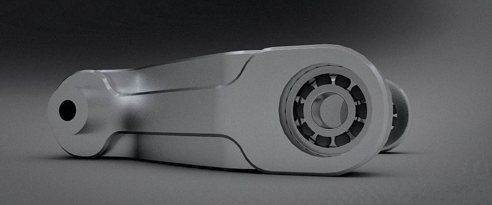 CAD render of an aluminum gearbox housing on a dark gradient studio background.