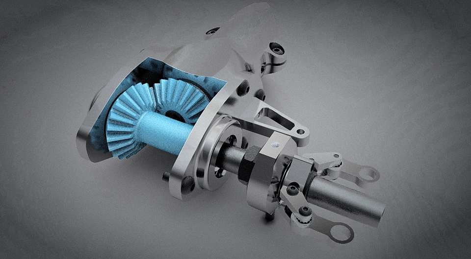 CAD render of a teal turbine impeller stack on a dark gradient background.