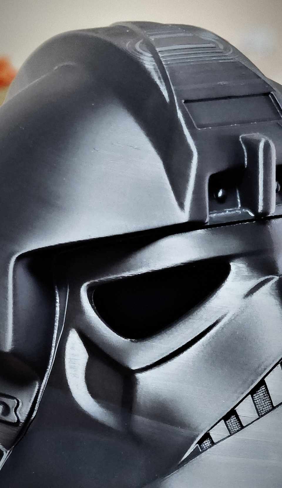 1:1-scale Shadowtrooper-style helmet in a dark satin finish, printed in one piece.