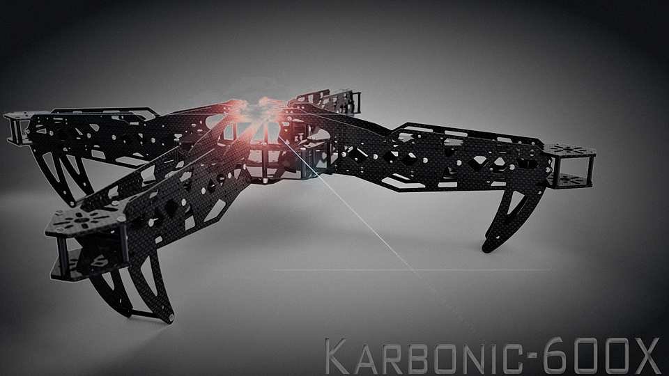 CAD render of the Karbonic-600X carbon-fiber X-frame quadcopter, dramatic rim light across the arms.