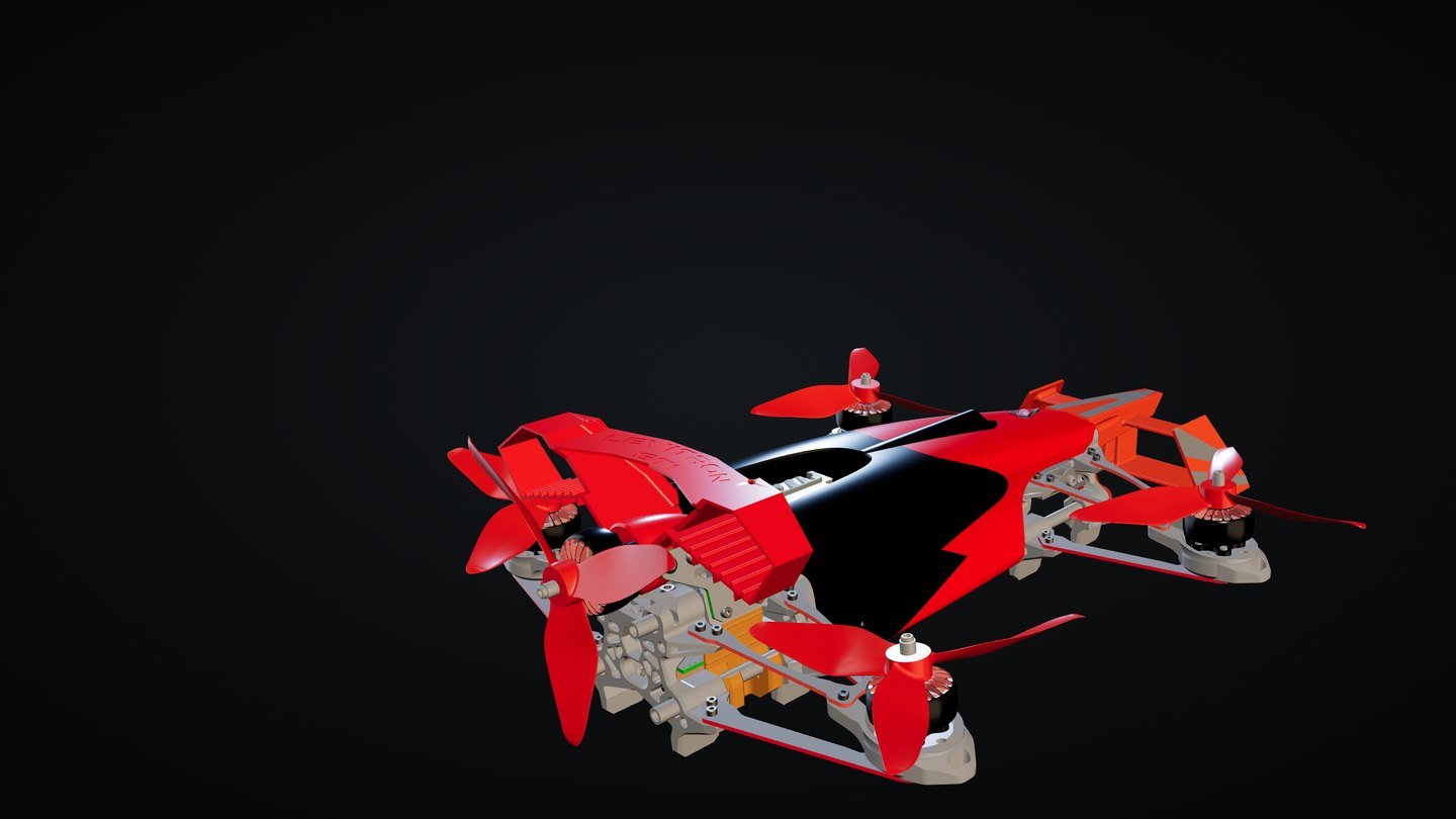 Studio render of the AiRACER-01 hover platform: four ducted lift fans on carbon arms around a red and black fuselage, with a rear thrust fan.