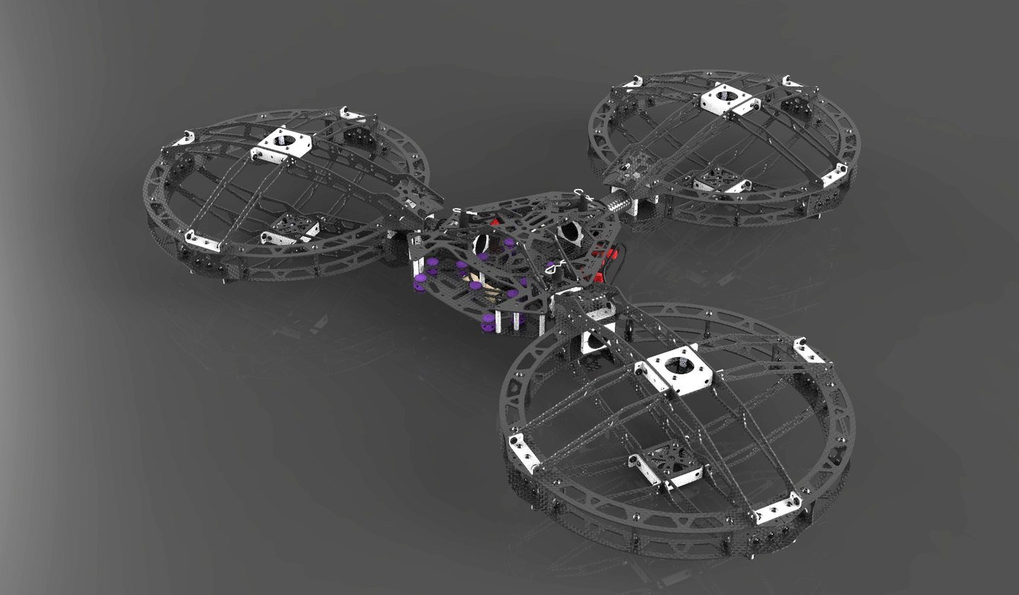 CAD render of the d5y-3000 tri-rotor ducted-fan frame assembly, carbon-fiber ring guards around a central hub.